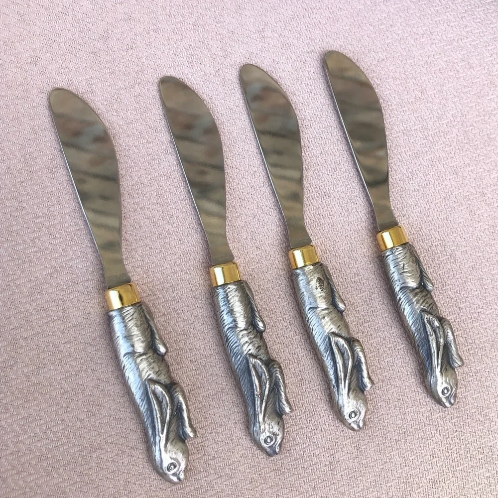 Arthur Court Vintage Bunny Rabbit Marble Cheese Board & Cutter + 4 Spread Knives